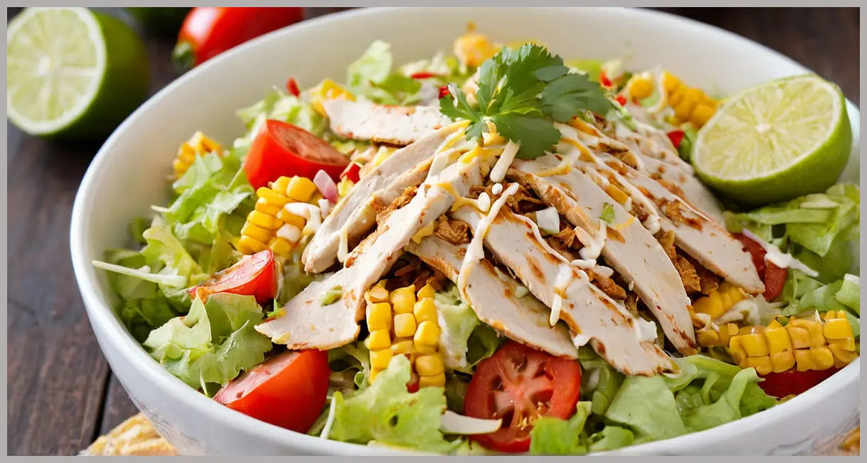 Extreme close-up of creamy lime-chili dressing drizzling over shredded chicken in a Mexican chicken taco salad. Soft backlighting creates a glowing, fresh, and zesty effect.