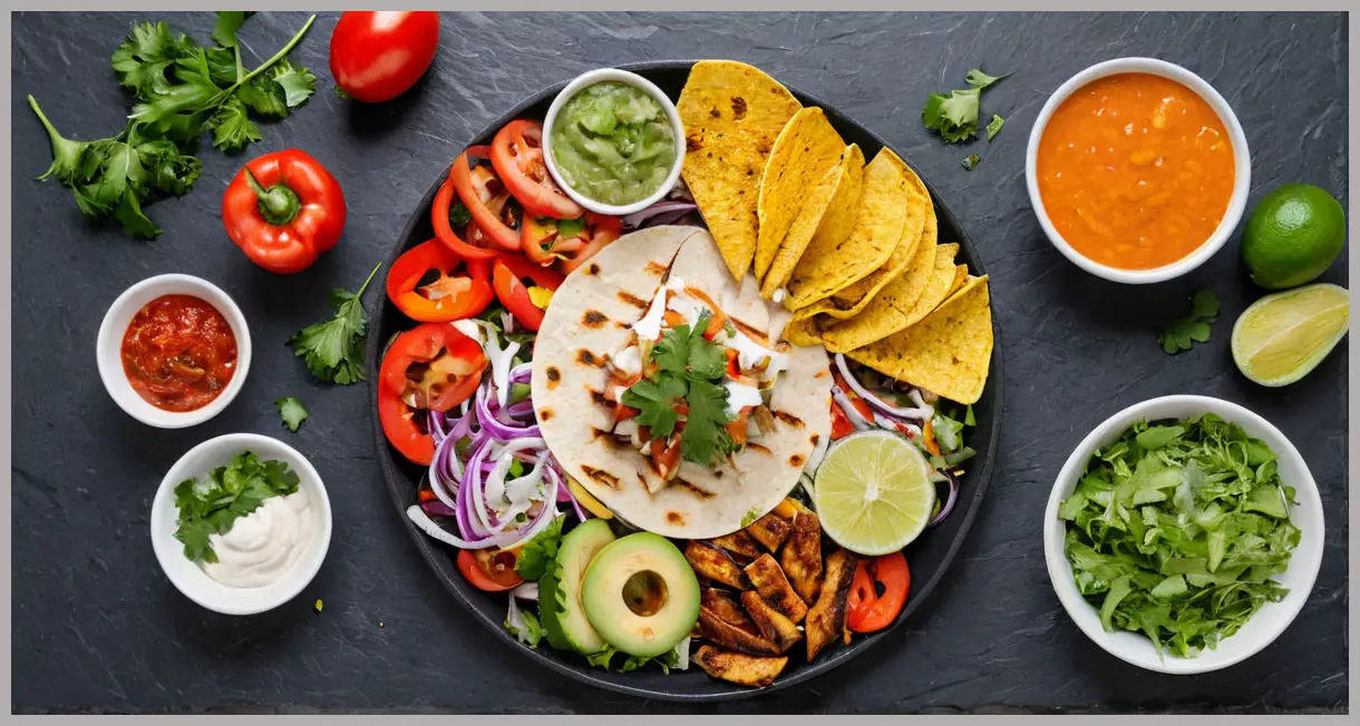 Top-down flat lay of Mexican chicken taco salad ingredients arranged symmetrically on dark slate. Soft overhead lighting creates a minimalist, elegant mood with ultra-sharp focus.