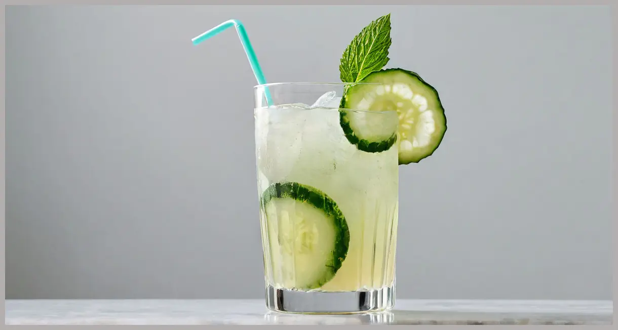 A beautifully presented Cucumber cooler cocktail in a tall Collins glass, featuring dried cucumber skin, a fresh slice, mint, and effervescent liquid, under bright natural daylight.