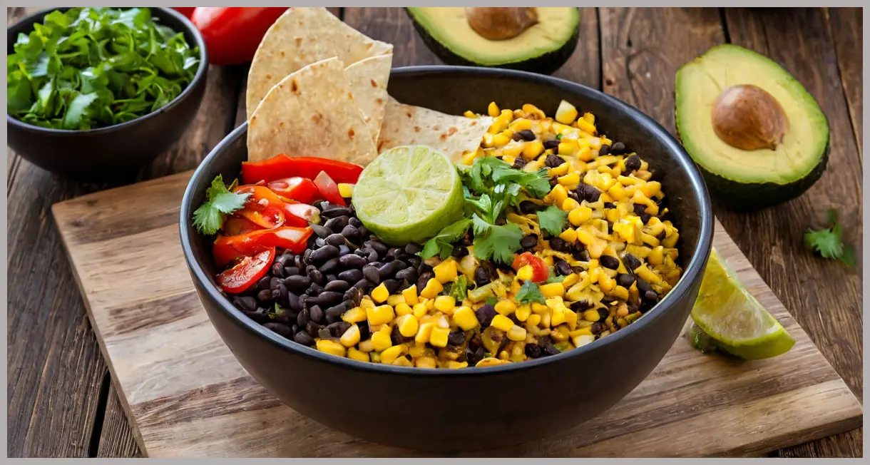 A Crispy Mexican tortilla rice bowl under neon glow, layered with beans, peppers, and crispy tortilla strips on rustic wood.