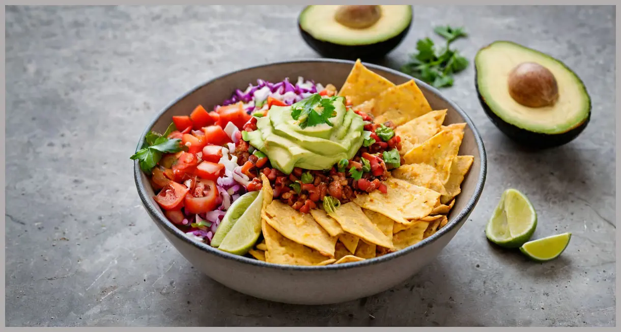 Wide shot of a Crispy Mexican tortilla rice bowl on concrete, spilling with tortilla strips and avocado in soft overcast light.