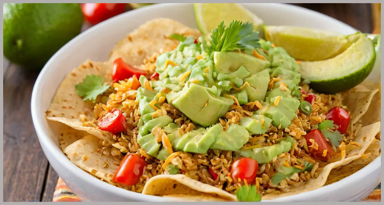 Extreme close-up of lime juice spraying over a Crispy Mexican tortilla rice bowl, droplets on tortilla strips in golden light.