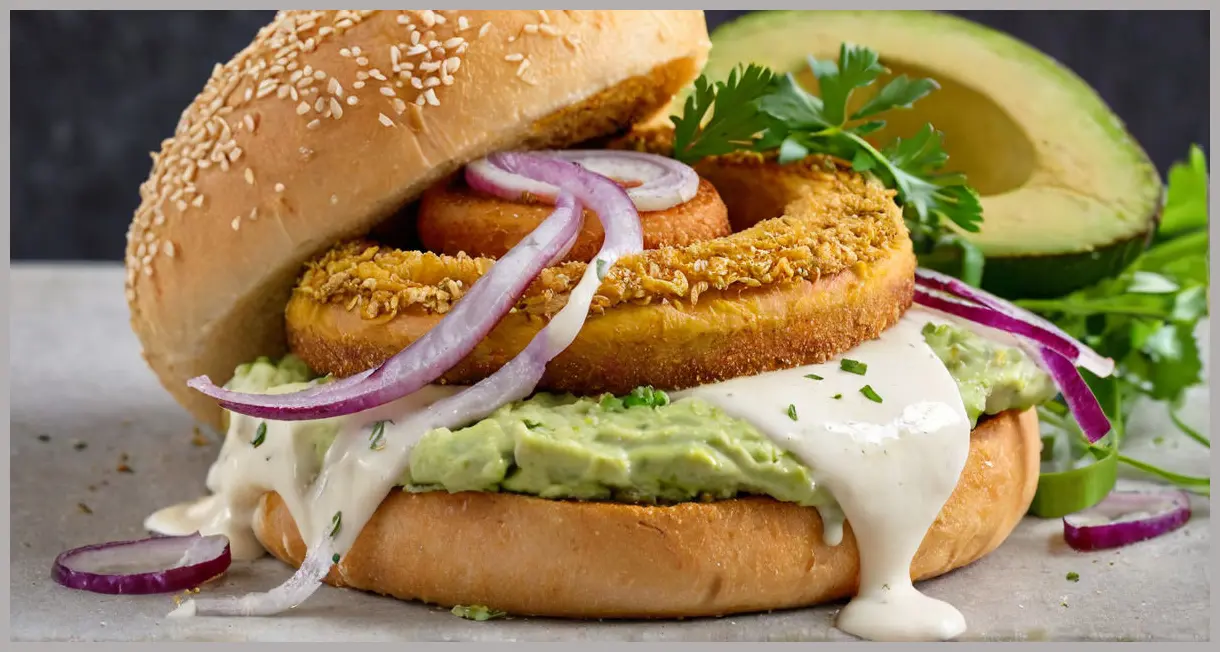 Macro shot of a toasted roll with avocado mash, red onion rings, coriander, and soured cream drizzle. Mexican chicken burgers in vibrant detail.
