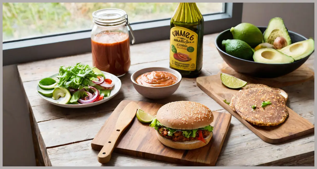 Overhead flat lay of lime, chipotle, cumin, coriander, onions, and avocados on a wooden table. Mexican chicken burgers ingredients ready for prep.