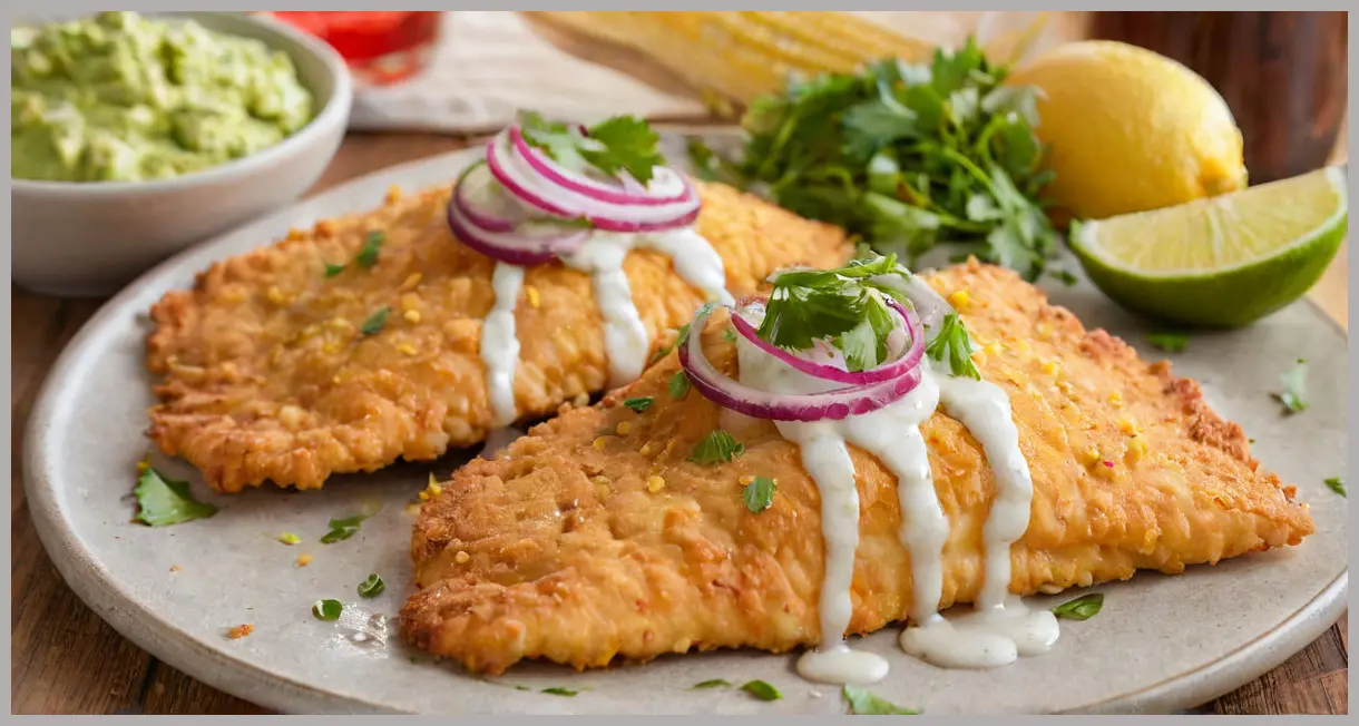 Close-up of beer-battered cod tacos with lime, guacamole, and red onion on warm corn tortillas, golden hour lighting. Mexican fish tacos