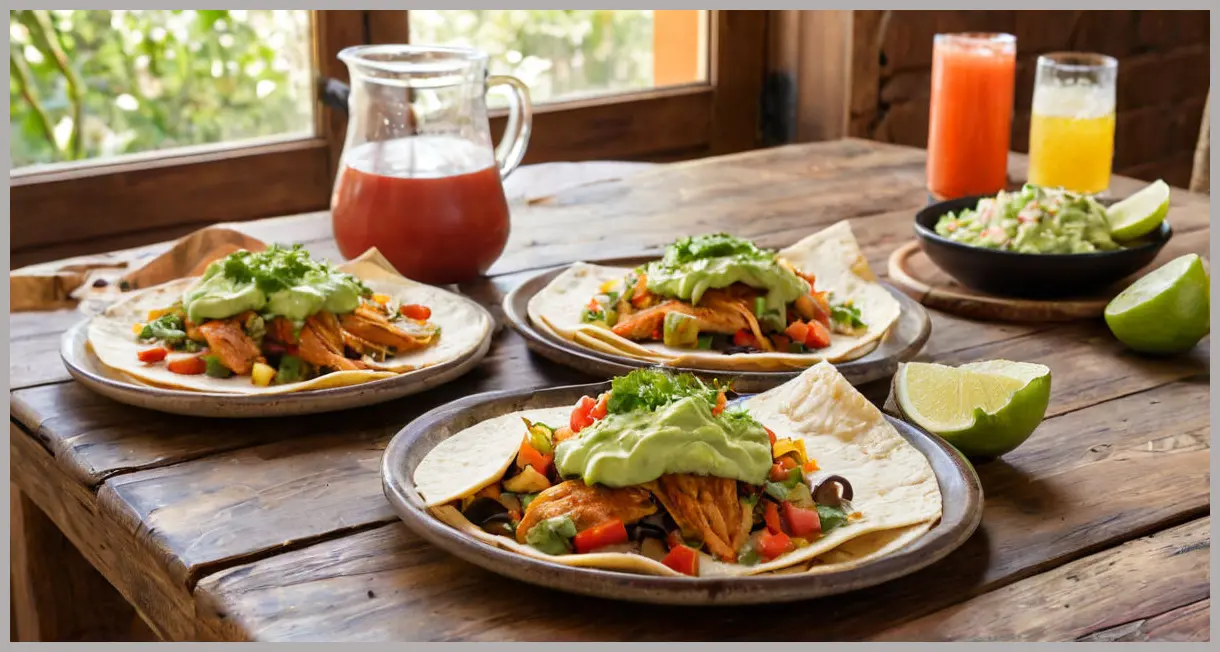 Three fish tacos on a clay plate with pico de gallo and guacamole, bathed in late afternoon sunlight on a rustic table. Mexican fish tacos