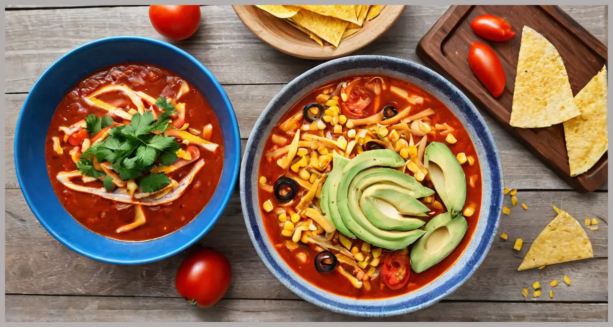 Overhead view of Mexican veggie and tortilla soup in a blue bowl, surrounded by fresh ingredients and a mezcal cocktail. Mexican veggie and tortilla soup