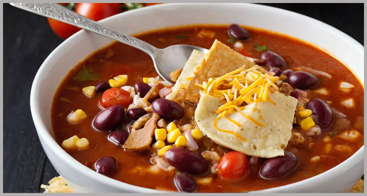 Extreme close-up of a spoon lifting Mexican veggie and tortilla soup, beans, corn, and melting cheese in dramatic light. Mexican veggie and tortilla soup