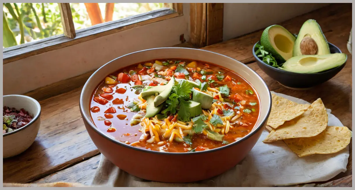 Earthenware bowl of Mexican veggie and tortilla soup on a wooden table, bathed in late afternoon sunlight. Mexican veggie and tortilla soup