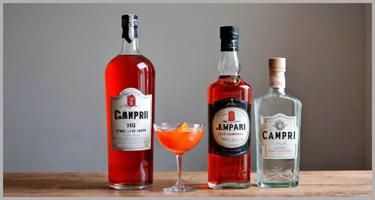 An eye-level view of a clear gin bottle, a red Campari bottle, and a dark sweet vermouth bottle arranged on a polished surface, alongside a clean glass mixing jug, under soft studio light.