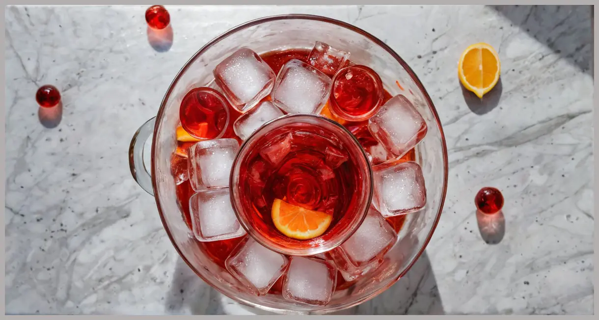 An overhead view of a large glass jug with deep red Negroni mixture, swirling ice cubes, and bright natural daylight, surrounded by empty short glasses on a countertop.
