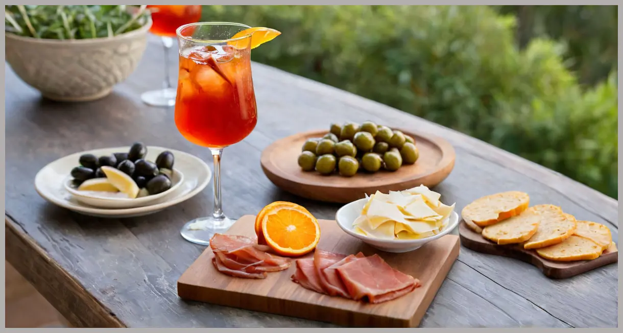 A Negroni cocktail in an Old Fashioned glass with orange zest and ice, next to a board with prosciutto, Parmesan, and olives, illuminated by soft, warm evening light.
