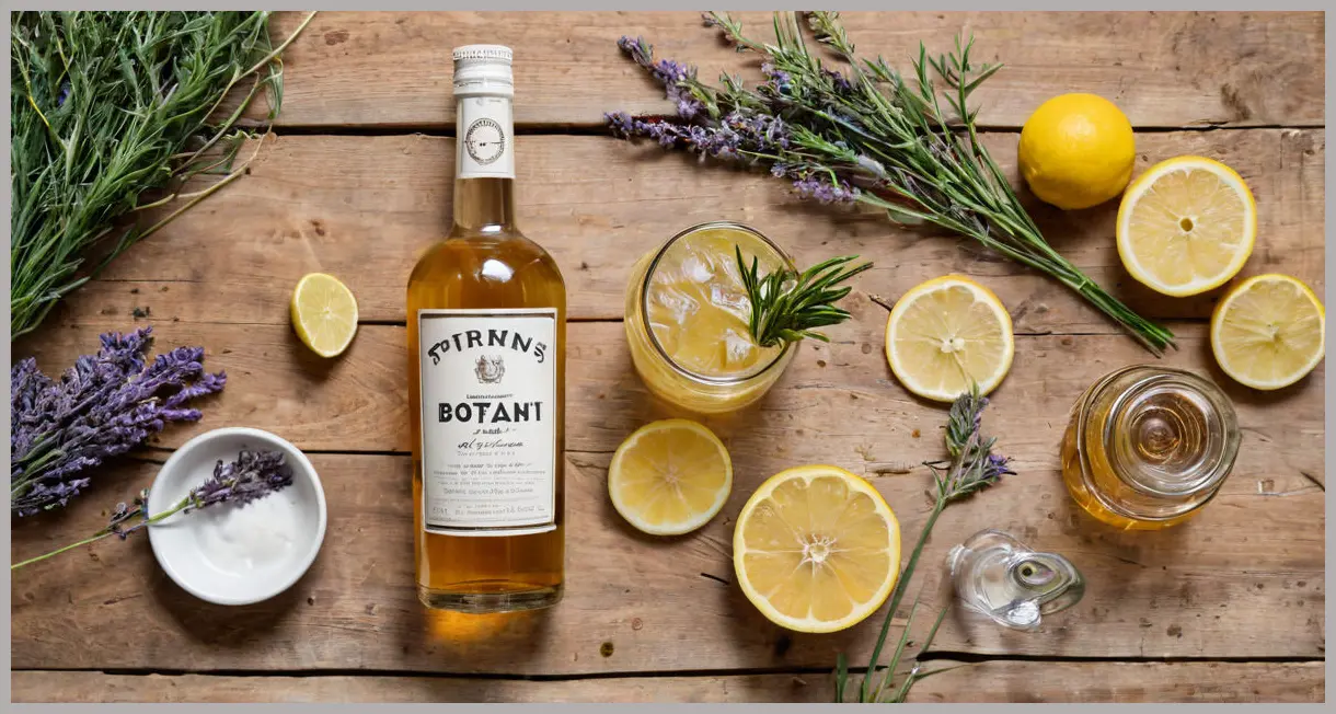 A flat lay of The Botanist Fizz ingredients: lavender-infused gin, a fresh lemon, golden honey, and a prosecco bottle, on a rustic wooden surface.