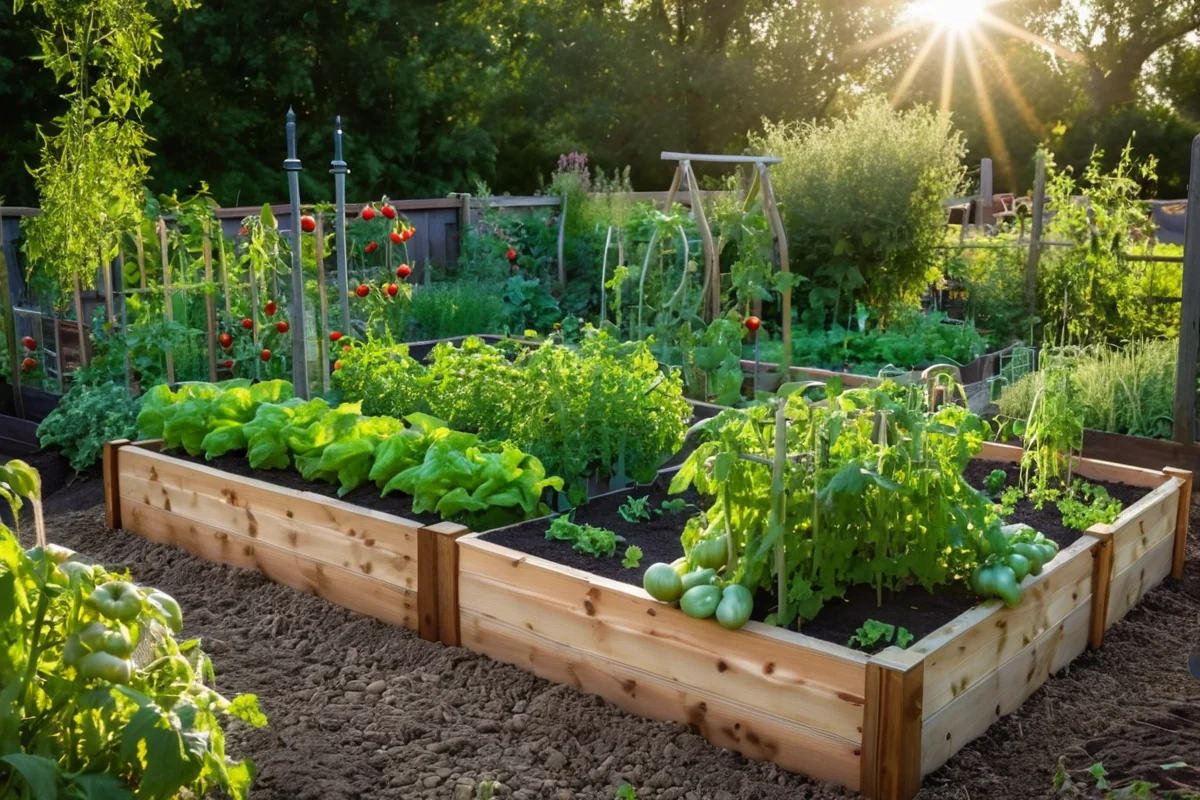 How to start a garden - lush vegetable garden with raised beds and morning sunlight