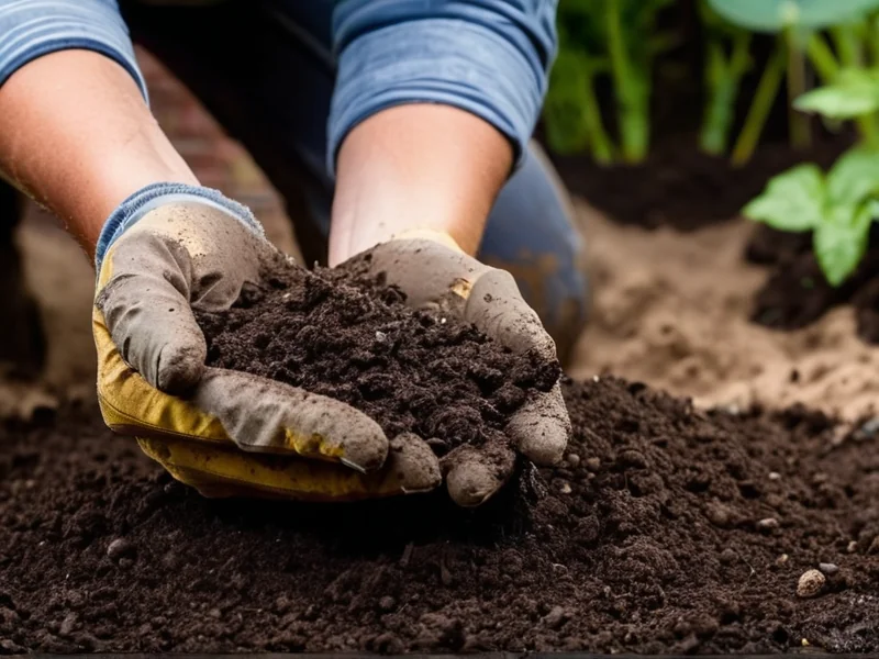 Preparing garden soil with compost for planting vegetables